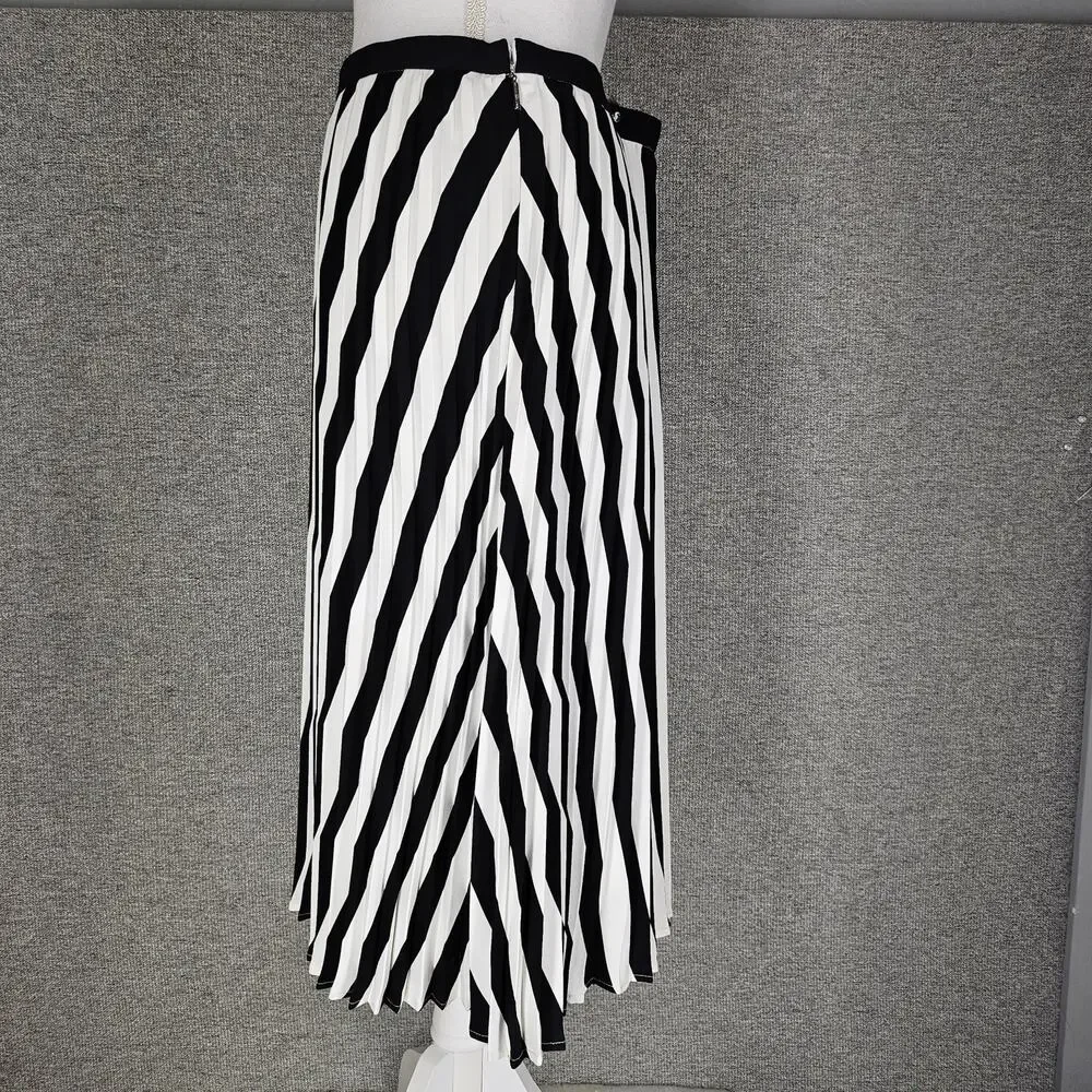 KARL LAGERFELD PARIS WOMEN'S STRIPED WHITE / BLACK PLEATED MIDI SKIRT SIZE 10